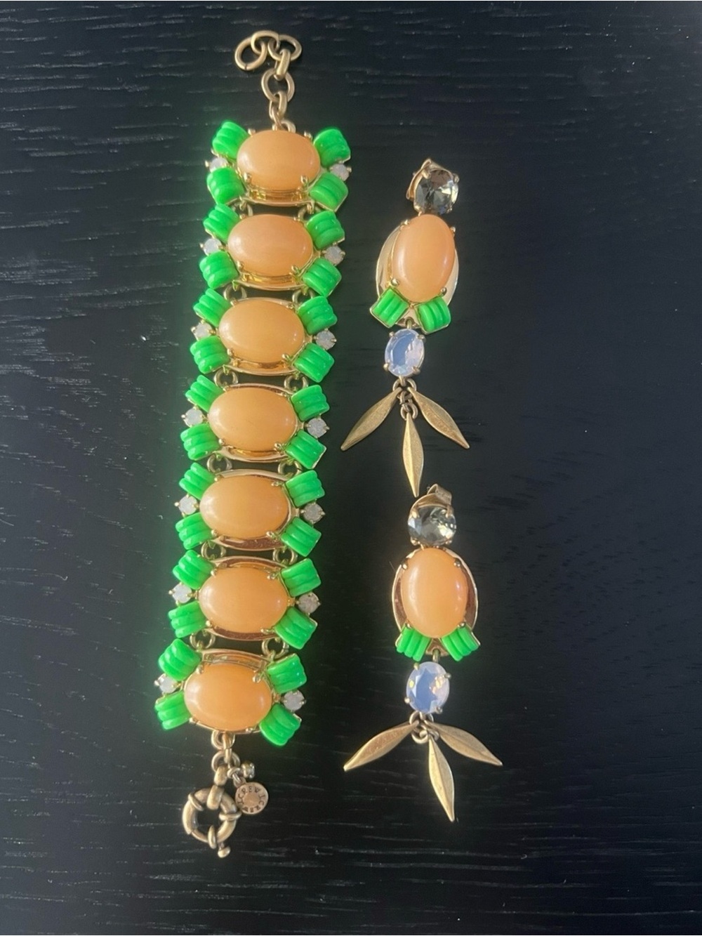 J. Crew Peach Cabochon & Bright Green Crystal Bracelet and Earrings